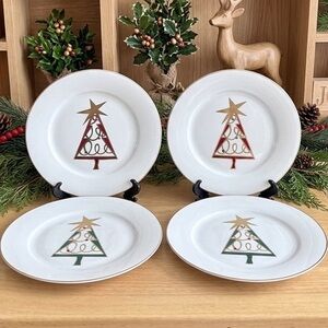 Pier 1 Christmas Tree Salad Dessert Appetizer Plates Set of 4 Gold Trim 7.5in